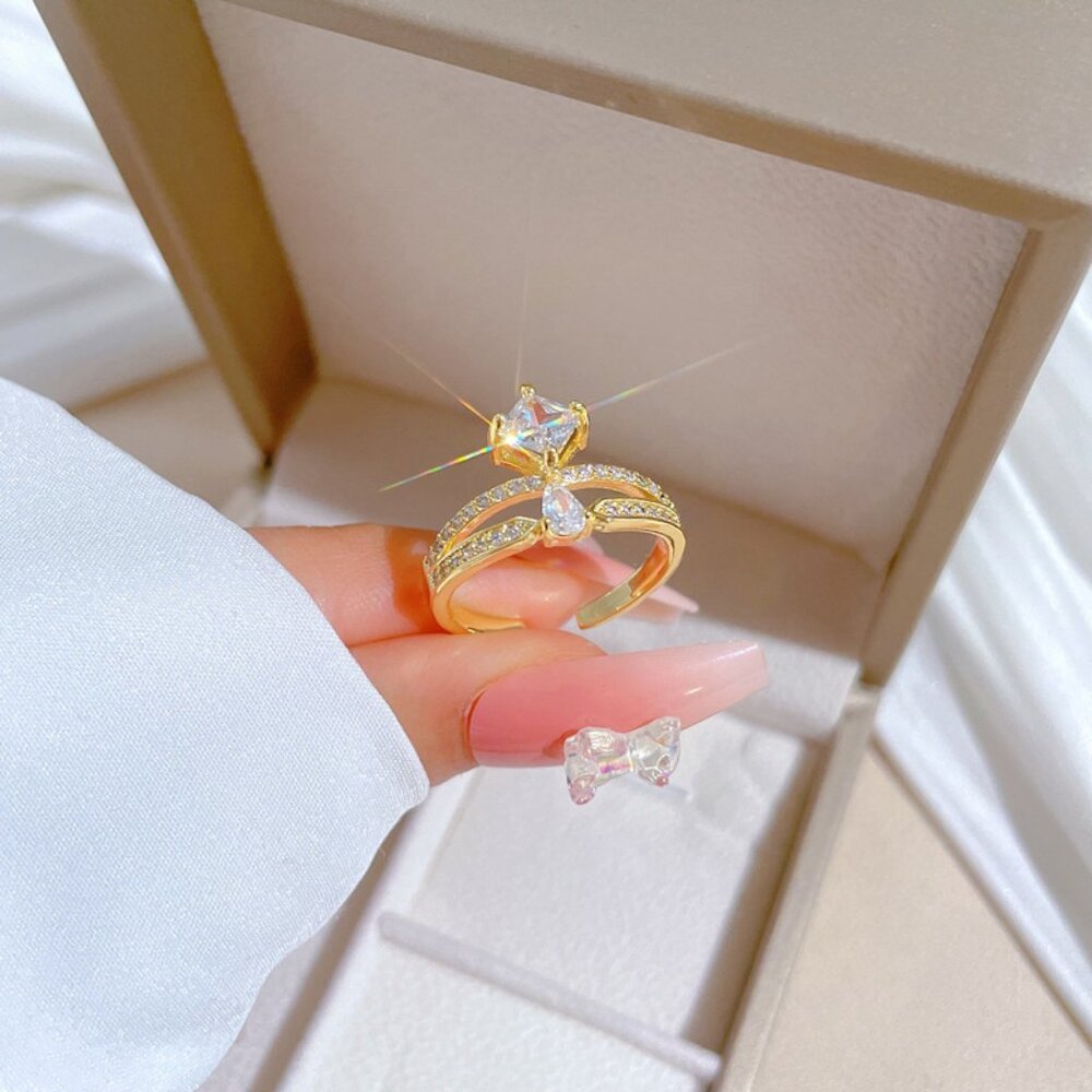 3/$35 Gold Plated Ring with Crystal Accents Adjustable Dainty Stackable Fashion